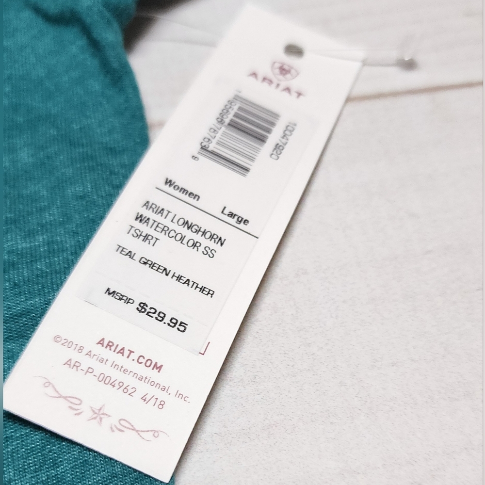 NWT Ariat Longhorn Watercolor Short Sleeve Teal Green T-Shirt Size Small / Large - Picture 11 of 11